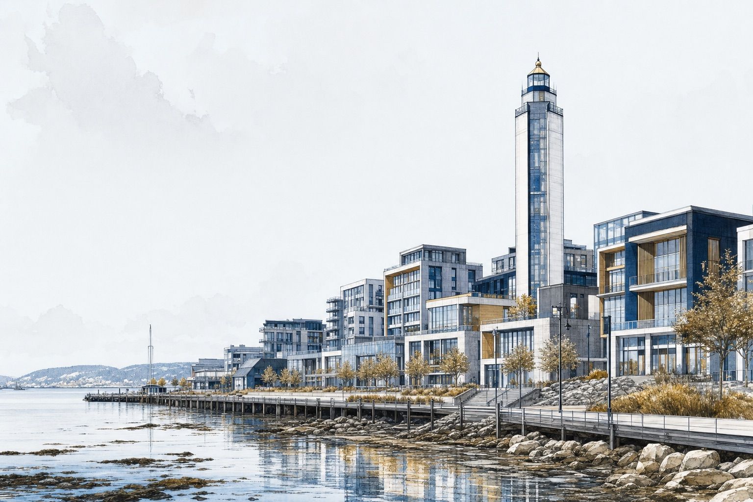 Architectural illustration of a contemporary Nova Scotia waterfront district