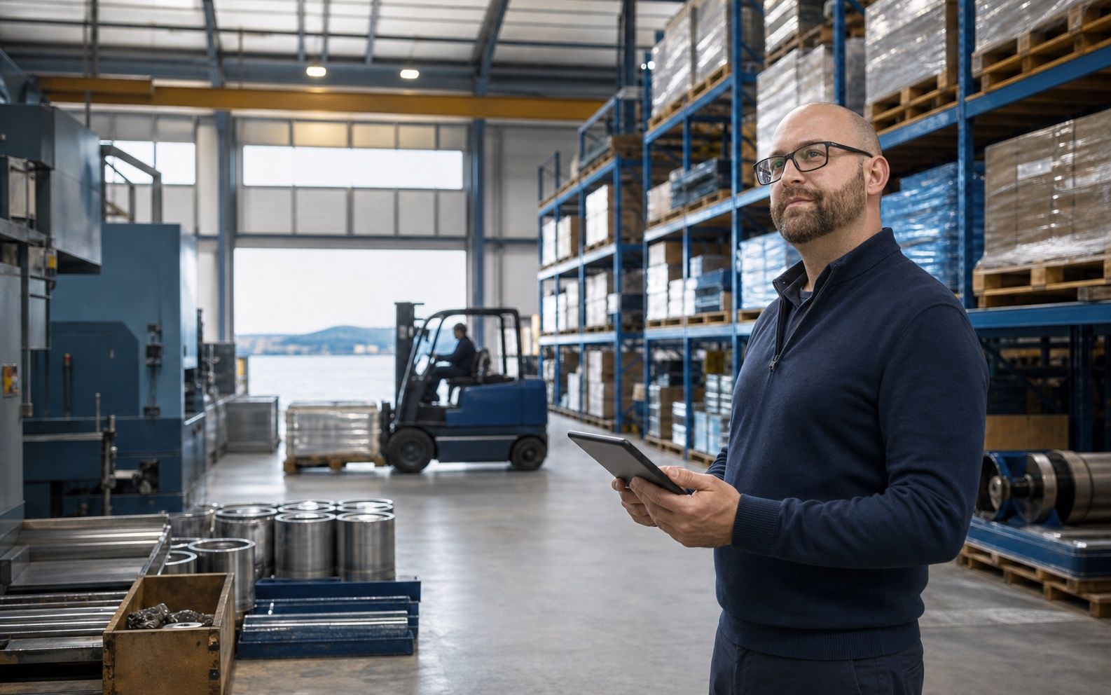 Matt Shallo reviewing inventory and equipment in an active warehouse
