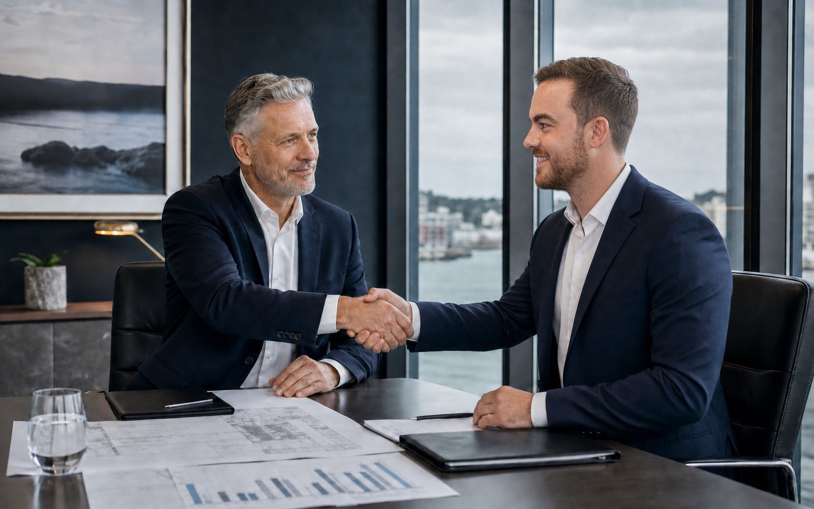 Riley Oickle shaking hands with a business owner in a waterfront boardroom
